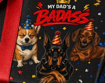 Funny Dog Wrapping Paper Roll, Badass Dad Gift Wrap, Corgi Dachshund Pet Wrapping Paper, Gag Gift Wrap, Birthday Gift Wrap for Dad