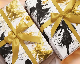 Dark Academia Gothic Fairy Wrapping Paper, Black and Gold Fairycore Victorian Goth Gift Wrap Roll, Junk Journal Decoupage Paper