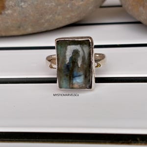 Natural Labradorite Ring, Sterling Silver Statement Ring, Blue Flash Rectangular Gemstone Ring, Raw Boho Jewelry, Unique Gift For Her Ring,