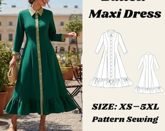 May include: A long-sleeved, button-down maxi dress in emerald green with light green trim. The dress features a ruffled hem and a collared neckline. The image also includes a pattern sewing diagram and the text "Button Maxi Dress", "SIZE: XS-5XL", "Pattern Sewing", and "Instant Download".