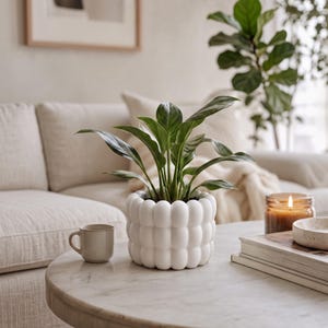 May include: A white ceramic plant pot with a rounded, bubble-like textured surface. The pot contains a green leafy plant with pointed, glossy foliage. The container has a cylindrical shape and a matte finish, sitting on a round marble table.