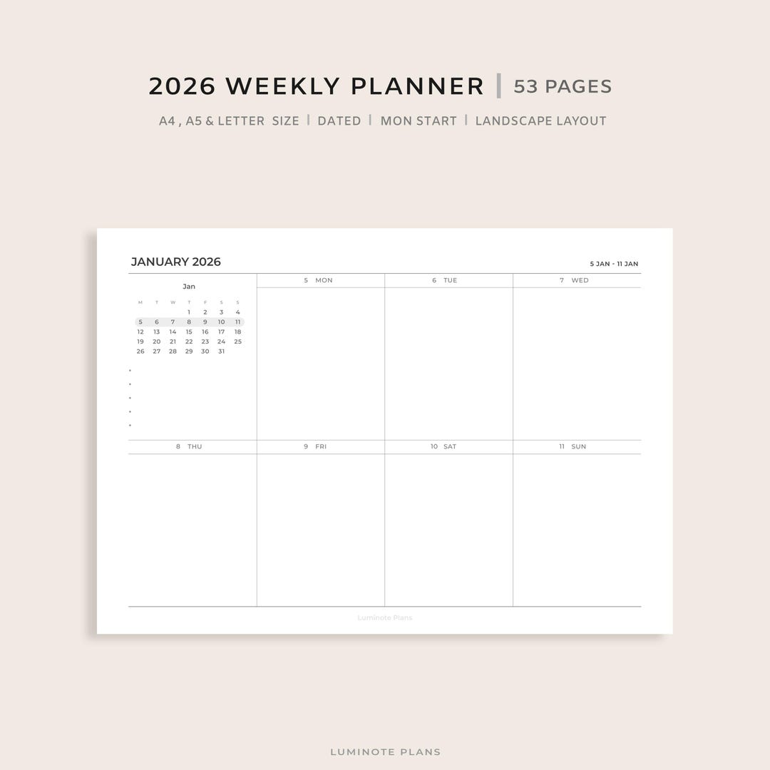 2026 Weekly Planner | Landscape Layout | Minimal Printable | A5 A4 ...