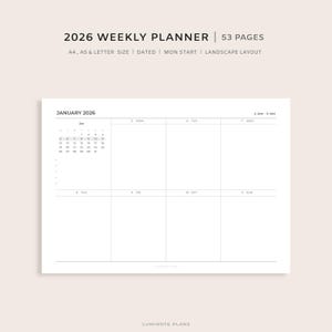 Op de afbeelding: Een witte weekplanner voor 2026 met een landschapsindeling. De planner bevat een kalender voor januari 2026, met ruimte voor elke dag van de week. De tekst "2026 WEEKLY PLANNER" en andere details staan bovenaan.