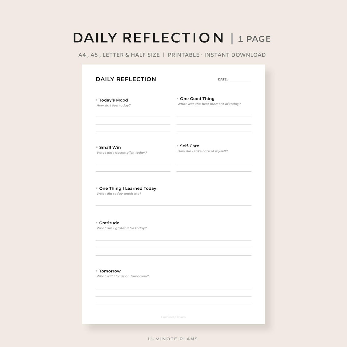 Daily Reflection Printable | Minimal A5 Journal Page | Simple Self
