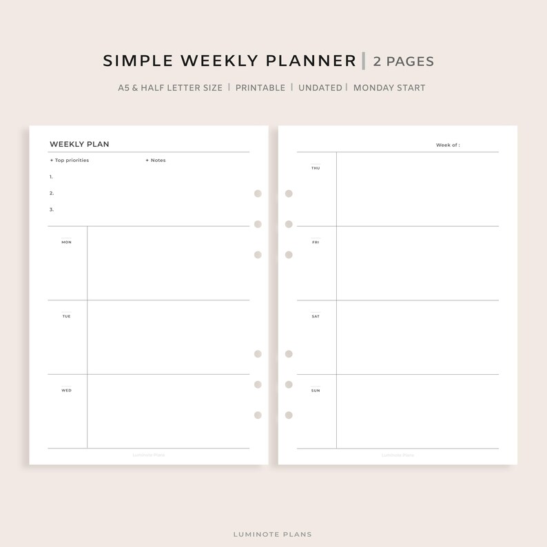 Simple Weekly Planner Printable | A5, Half Letter | Minimal Undated Two ...