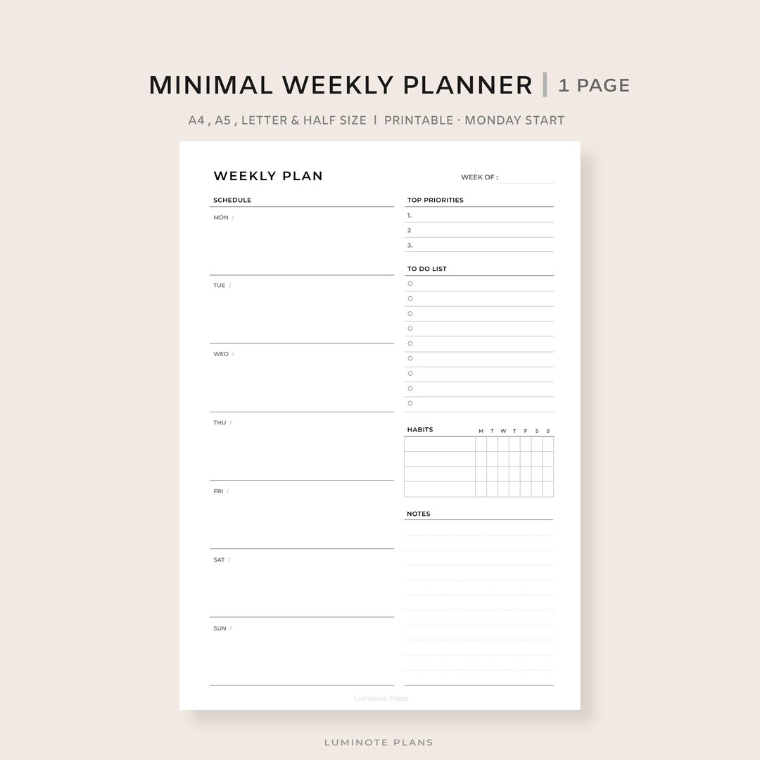 Minimal Weekly Planner Printable | Clean Weekly Schedule & to Do | A5 ...