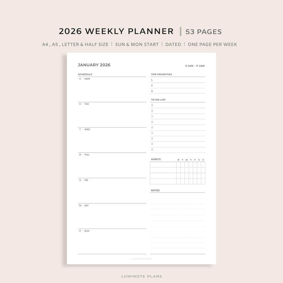 2026 Weekly Planner Printable | Minimalist One Page Layout (digital ...