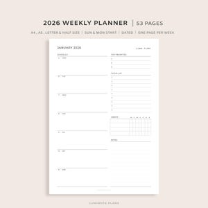 Puede incluir: Un planificador semanal blanco de 2026 con un diseño minimalista. El planificador incluye secciones para programar, las principales prioridades, listas de tareas y seguimiento de hábitos. El texto en el planificador dice "2026 Weekly Planner" y "Enero 2026".