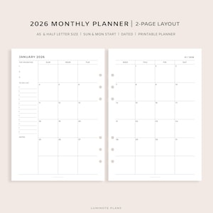 May include: A two-page layout monthly planner for January 2026. The planner includes a calendar grid, a to-do list, and space for notes. The text includes "2026 MONTHLY PLANNER", "2-PAGE LAYOUT", "A5 & HALF LETTER SIZE", and "PRINTABLE PLANNER".