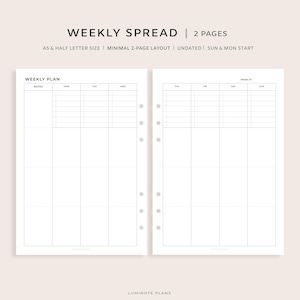 May include: A two-page weekly planner spread with a minimal design. The left page has space for notes and the days Monday through Wednesday. The right page is for Thursday through Sunday. Text at the top reads "WEEKLY SPREAD | 2 PAGES".