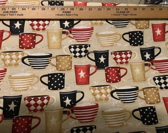 Fabric by 1/2 yard Designer quilting cotton,crafts art ,mixed media Coffee tea cups