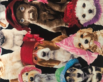 Fabric by 1/2 yard Designer quilting cotton,crafts art ,mixed media PUPS IN HATS