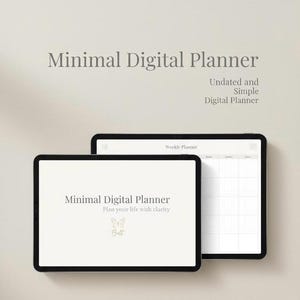 May include: Two black tablets displaying a digital planner. The text "Minimal Digital Planner" is visible, along with "Plan your life with clarity" and "Bult". One tablet shows a weekly planner layout.