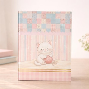Pode incluir: Um diário ilustrado em rosa e azul com um gatinho branco sorrindo brincando com uma bola de lã rosa. A capa tem um design de patchwork, listras verticais e uma borda dourada. Livros e flores ao fundo.