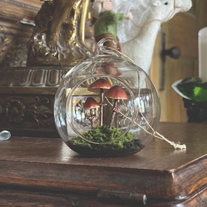 May include: A glass orb terrarium with a miniature forest scene featuring small red mushrooms and green moss. The terrarium is hanging from a string and is displayed on a wooden surface with other decorative items.