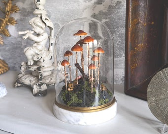 Handmade Conocybe Filaris Mushroom Scene in Glass Cloche with Vintage Marble Base