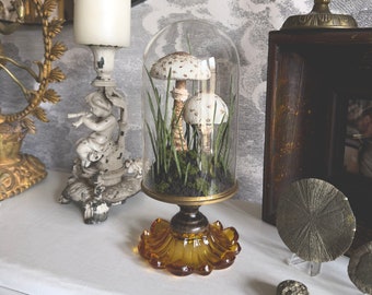 Handmade Parasol Mushroom Scene in Glass Cloche with Vintage Base