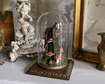 Handmade Forest Scene in Glass Cloche With Vintage Metal Lamp Base