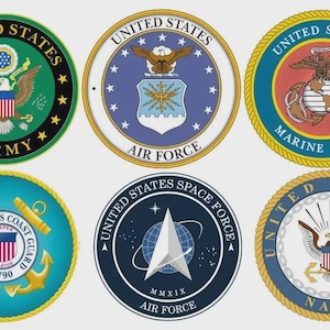 May include: Six circular United States military emblems. The emblems include the Army, Air Force, Marine Corps, Coast Guard, Space Force, and Navy. Each emblem features the name of the branch and a unique design with patriotic colors.