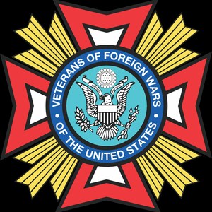 May include: A circular emblem featuring the words "Veterans of Foreign Wars of the United States" in white text on a blue ring. The emblem has a red and yellow starburst design, with a central image of an eagle holding arrows and an olive branch.