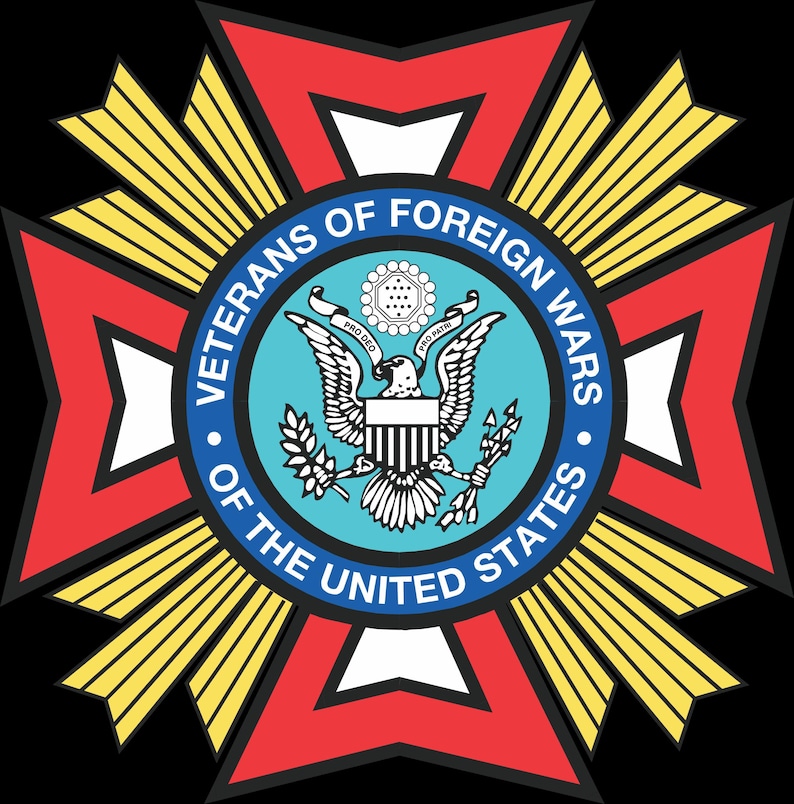 May include: A circular emblem featuring the words "Veterans of Foreign Wars of the United States" in white text on a blue ring. The emblem has a red and yellow starburst design, with a central image of an eagle holding arrows and an olive branch.