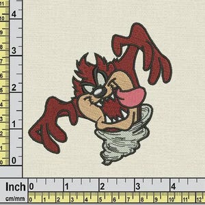 May include: Embroidered patch featuring the Tasmanian Devil cartoon character. The design includes the character's red fur, open mouth with a pink tongue, and a gray tornado base. The patch measures approximately 3 inches wide.