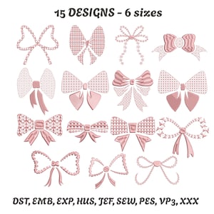 Puede incluir: Una colección de 15 diseños de lazos rosas en varios estilos, incluyendo patrones bordados y texturizados. La imagen incluye el texto "15 DESIGNS - 6 sizes" y abreviaturas de formatos de archivo: DST, EMB, EXP, HUS, JEF, SEW, PES, VP3, XXX.
