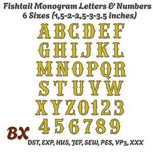 May include: Gold fishtail monogram letters and numbers in various sizes, ranging from 1.5 to 3.5 inches. The image displays the alphabet from A to Z, along with the numbers 0 to 9. The text "Fishtail Monogram Letters & Numbers" is at the top.