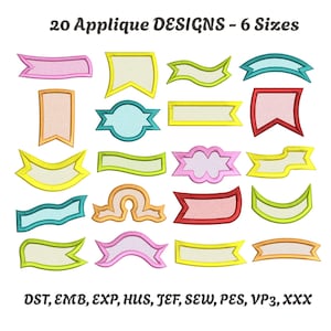 Może przedstawiać: Kolekcja 20 wzorów aplikacji w różnych kształtach i kolorach, w tym banery i etykiety. Wzory są obrysowane w różnych kolorach, takich jak różowy, żółty i niebieski. Tekst "20 Applique DESIGNS - 6 Sizes" znajduje się na górze.