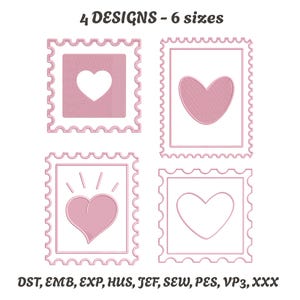 May include: Four pink heart designs in a postage stamp style. Each stamp has a different heart design, including a solid heart, a heart outline, and a heart with rays. The text "4 DESIGNS - 6 sizes" is at the top.