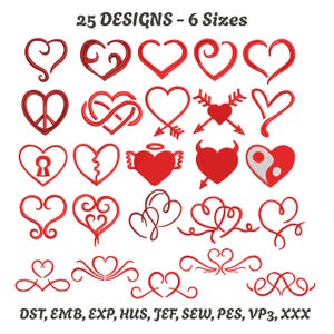May include: A selection of 25 red heart designs in diverse styles, including hearts with arrows, wings, and keyholes. The text "25 DESIGNS - 6 Sizes" is at the top. Below the hearts are file format abbreviations.