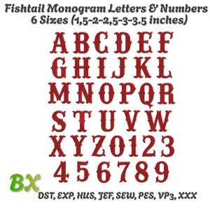 May include: Red fishtail monogram letters and numbers in various sizes, ranging from 1.5 to 3.5 inches. The image displays the alphabet from A to Z, and numbers from 0 to 9. The text "Fishtail Monogram Letters & Numbers" is at the top.