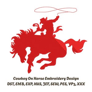 May include: Red embroidery design featuring a cowboy riding a bucking horse, with a lasso in hand. The design includes the text "Cowboy On Horse Embroidery Design".