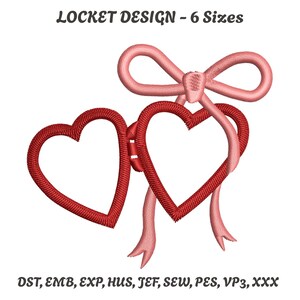May include: An embroidered design featuring two red heart-shaped lockets, connected and adorned with a pink bow and ribbons. The text "LOCKET DESIGN - 6 Sizes" is at the top. Below are embroidery file formats.