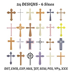 May include: A collection of 24 cross designs in various styles and colors, including brown, gold, pink, blue, and yellow. The text "24 DESIGNS - 6 Sizes" is at the top. The bottom text includes "DST, EMB, EXP, HUS, JEF, SEW, PES, VP3, XXX".