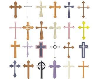 May include: A collection of 24 cross designs in various styles and colors, including brown, gold, pink, blue, and yellow. The text "24 DESIGNS - 6 Sizes" is at the top. The bottom text includes "DST, EMB, EXP, HUS, JEF, SEW, PES, VP3, XXX".