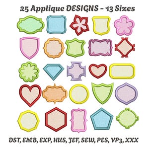 25 diseños de apliques para bordado a máquina, 13 tamaños, marcos para apliques, marcos con monogramas, apliques de marcos, paquete de apliques