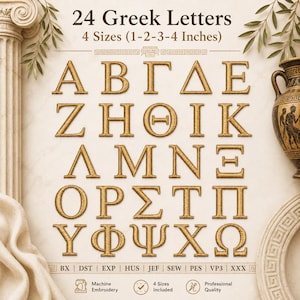 May include: Gold-colored Greek alphabet letters in four sizes, ranging from 1 to 4 inches, displayed on a beige background. The image includes a decorative vase and architectural elements, with text indicating machine embroidery.