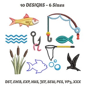 Puede incluir: Un conjunto de diez diseños de bordado con temática de pesca en varios tamaños. Los diseños incluyen un pez, una caña de pescar, un anzuelo con gusano, una red, burbujas, juncos y un pájaro. El texto "10 DESIGNS - 6 Sizes" está en la parte superior.