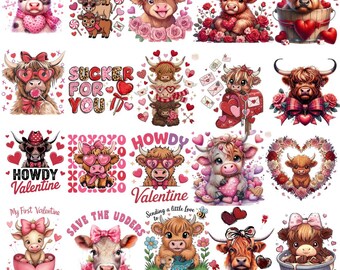 Pacchetto PNG di mucche delle Highland per San Valentino, clipart a tema amore
