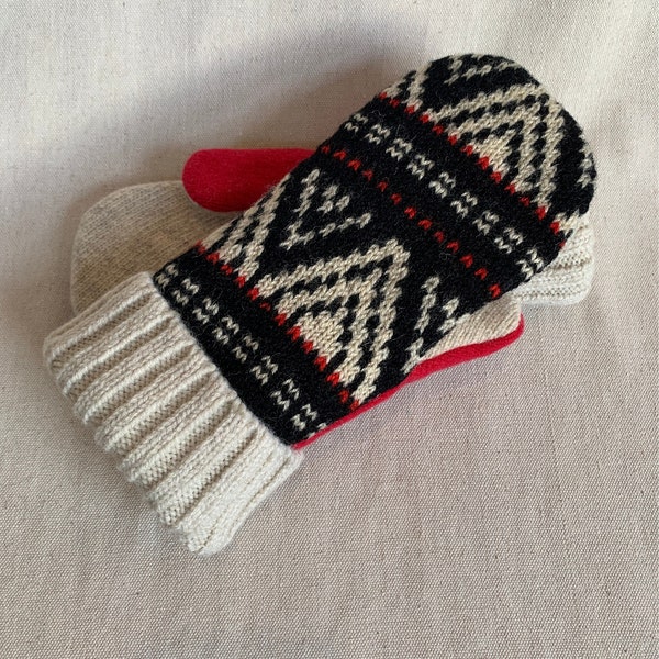 Black Red and White Upcycled Wool Sweater Mittens, with fleece lining