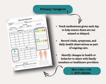 Primary Caregiver Health Tool, Digital tool, Caregiver Health Monitoring Log, Senior Care Tracking Log, Daily Health & Medication Tracker