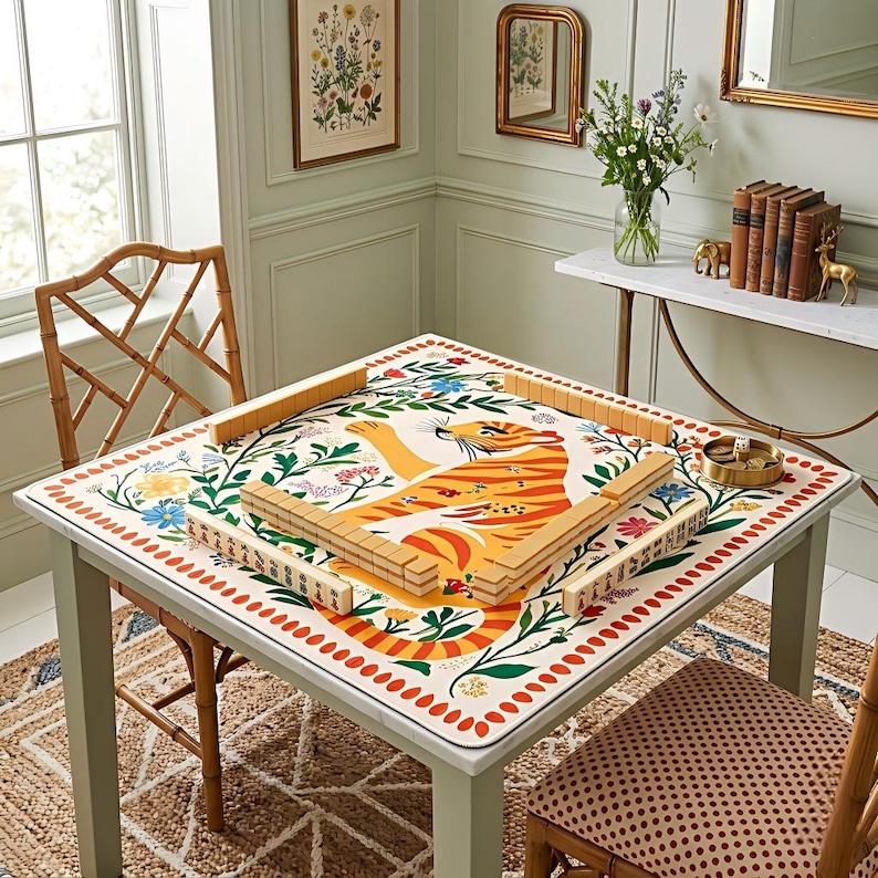 May include: A square table with a floral and tiger print tabletop. The table is set up for a game of Mahjong. The table is surrounded by a bamboo chair and a patterned chair. A rug is under the table.