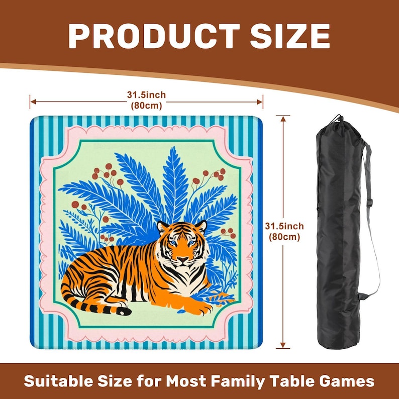 Puede incluir: Tapete de juego cuadrado con dise&ntilde;o de tigre, de 80 cm por lado. El tapete presenta una ilustraci&oacute;n de tigre con rayas naranjas y negras, follaje azul y un borde rosa y verde. Viene con una bolsa de transporte negra.