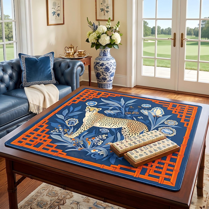 Preppy Chinoiserie Cheetah Mahjong Mat with Storage Bag Navy Blue Leopard Tropical Game Night Tile Game Table Mat Gift for Players or Hosts image 3
