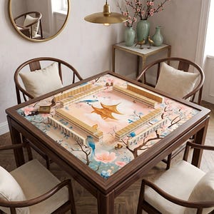 Puede incluir: Una mesa de Mahjong cuadrada de madera con un dise&ntilde;o floral y de p&aacute;jaros. La mesa est&aacute; rodeada por cuatro sillas de madera con cojines color crema. La superficie de la mesa presenta un paisaje rosa y azul pastel con una pagoda dorada y fichas de Mahjong.