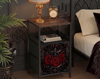 Gothic Nightstand with Charging Station Celestial Moth and Moon Phase End Table Bedside Table with USB Ports and Outlets Bedroom Decor