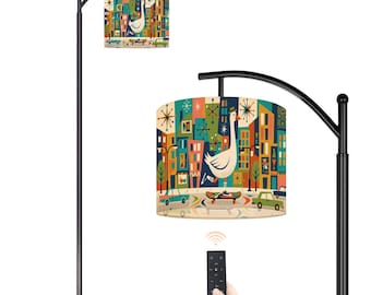 Mid Century Modern Arc Floor Lamp with Remote, Retro 1950s Atomic Goose on Skateboard Lamp Shade, Whimsical Nursery Decor, Arched Light