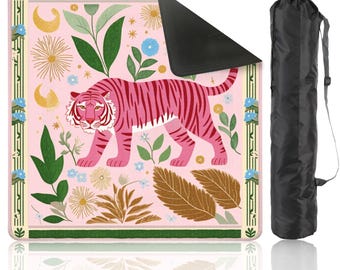 Tapis de mahjong chinoiserie avec sac de transport Grande housse de table de mahjong portable style preppy tigre rose pour une soirée de jeux, cadeau pour les joueurs ou les hôtes