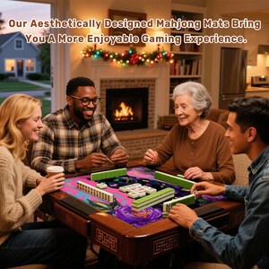 May include: Four people are gathered around a wooden Mahjong table with a vibrant floral mat. The text above reads, "Our Aesthetically Designed Mahjong Mats Bring You A More Enjoyable Gaming Experience."